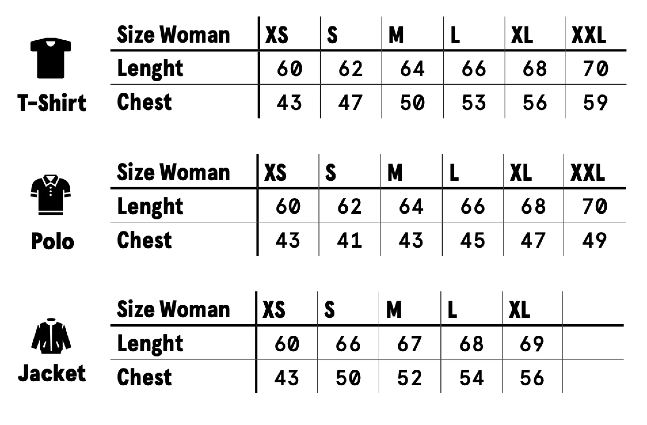 woman clothing sizes table